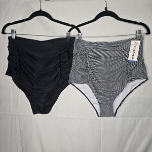 Cocopearl High-Waisted Ruched Swim Bottoms Bundle Size 2X Black & Striped Retro